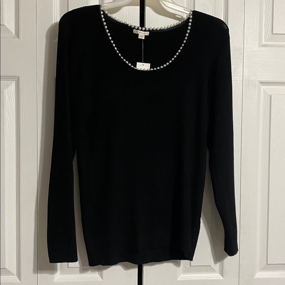 Cato NWT black ribbed knit Pearl beaded neck top shirt size 22W / 24W